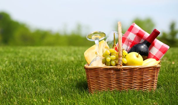 Picnic basket on green field - Fotografie, Obrázek