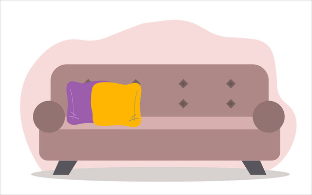 Удобный диван на белом фоне с двумя подушками. Изолированный коричневый диван внутри. Значок вектора - Вектор,изображение