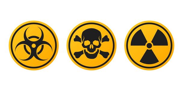 Serie di segnali di pericolo in cerchio giallo. Simboli di rischio biologico, tossici e radioattivi. Segnale di pericolo. Modello per il tuo design. Illustrazione vettoriale - Vettoriali, immagini