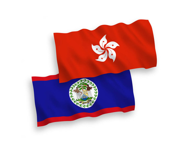 Nationale vector weefsel golf vlaggen van Belize en Hong Kong geïsoleerd op witte achtergrond. 1 tot 2 proporties. - Vector, afbeelding