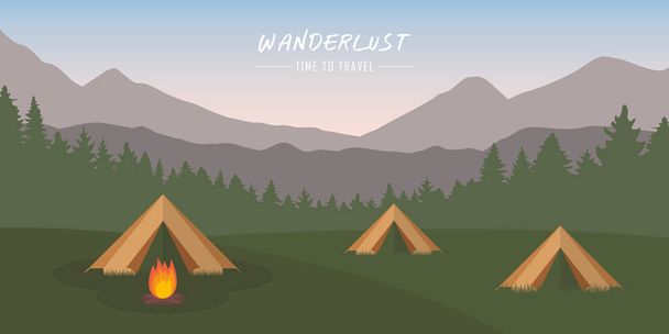 summer camp tents on green meadow with mountain view - Vector, Image