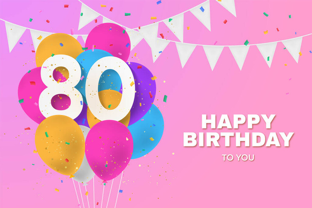 Feliz aniversário de 80 anos balões de fundo cartão de saudação. 80 anos de aniversário. 80th comemorando com confete. Existência de ilustração - Foto, Imagem