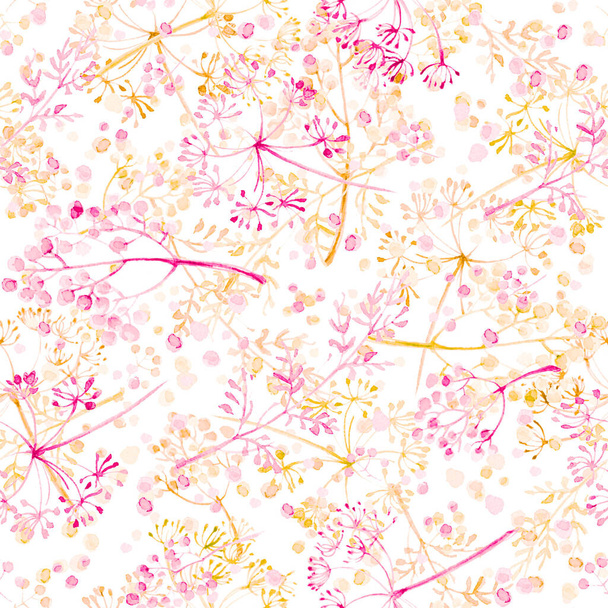 Pattern of flowers and grasses painted with watercolors on white background. Green leaves and flowers on a white background. - Foto, Bild
