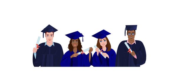 Счастливых выпускников в платьях и с дипломами - Вектор,изображение