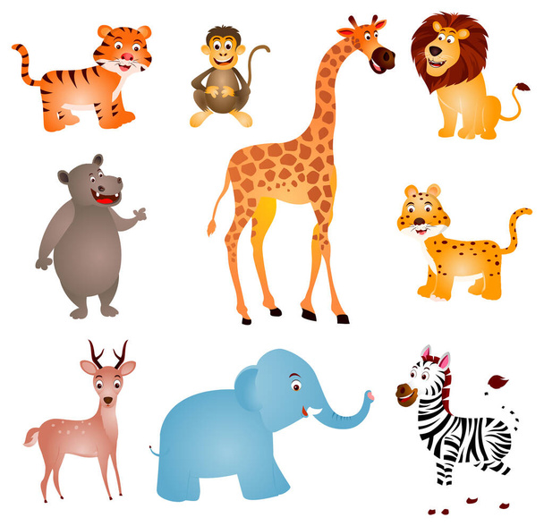 Set di animali selvatici vettore cartone animato isolato su sfondo bianco - Vettoriali, immagini