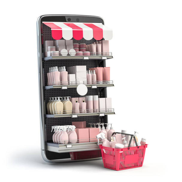 Cosmetics and beauty products buying online concept. Shopping basket with makeup products and mobile phone with shelves. 3d illustration - Foto, imagen