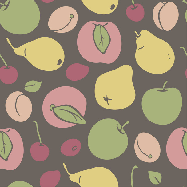 Vector seamless pattern with different fruits. Apple, peach, pear, cherry, apricot on grey background. - Vettoriali, immagini
