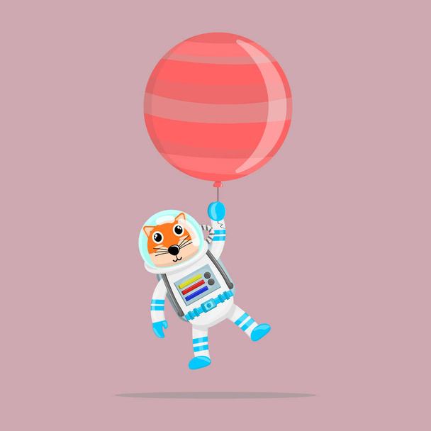Ilustracja wektor graficzny kreskówka cute Fox astronauta latający z planety balon. Dziecinny wzór kreskówki nadaje się do projektowania produktów książek dla dzieci, t-shirt itp - Wektor, obraz