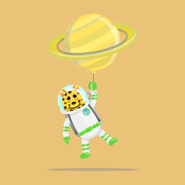 Ilustrační vektorový grafický karikatura roztomilé žirafy astronaut létání s saturn balón. Dětský kreslený design vhodný pro design dětských knížek, trička apod. - Vektor, obrázek
