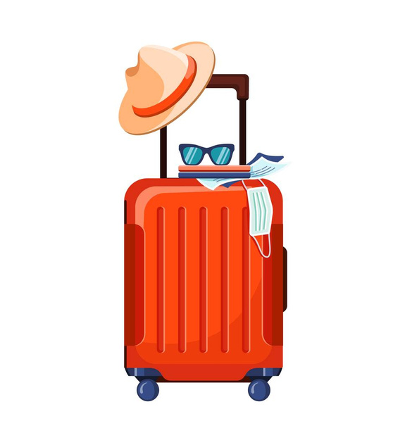 Red suitcase with hat, sunglasses and medical face mask isolated on white background. - Vector, imagen