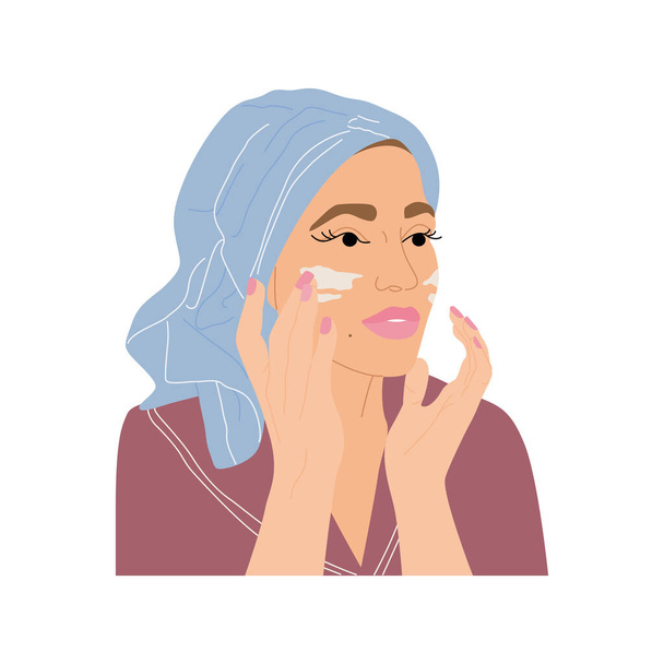 Illustration with a young woman in a turban and robe applies cream to her face. Vector drawn in flat style. Woman's morning daily routine. Self-love and morning routines. The girl in the robe. - ベクター画像