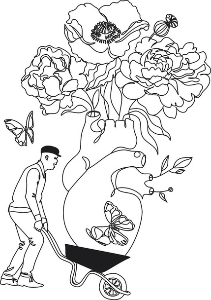 リアルクリエイティブラインアート。シュールな庭師は花の心を持つ輪列を持っています - ベクター画像
