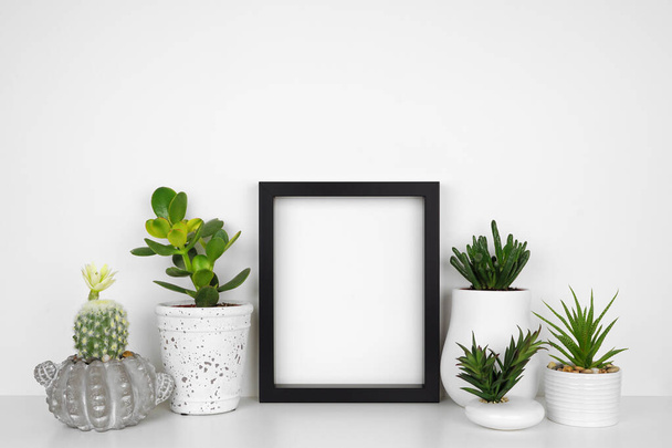 Mock up black frame with a group houseplants on a shelf. White shelf against a white wall. Copy space. - Photo, Image