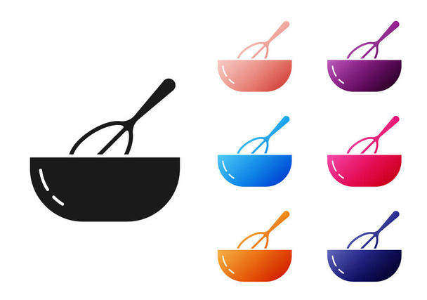 Μαύρο σύρμα κουζίνας και μπολ εικονίδιο απομονώνονται σε λευκό φόντο. Μαγειρικό σκεύος, χτυπητής αυγών. Σημάδι για μαχαιροπίρουνα. Σύμβολο μίξης τροφίμων. Ορισμός εικονίδια πολύχρωμα. Διάνυσμα. - Διάνυσμα, εικόνα