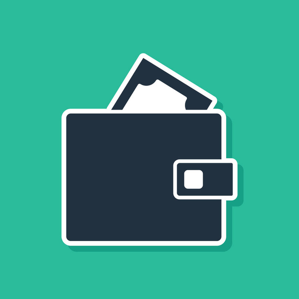 Modrá peněženka s zásobníky papírové peníze hotovost ikona izolované na zeleném pozadí. Ikona kabelky. Symbol peněžních úspor. Vektor. - Vektor, obrázek