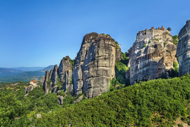View of rocks with Monastery of Varlaama in Meteora, Greece - Photo, Image