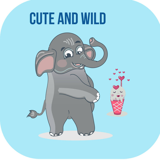 Ilustración de elefante muy lindo, tarjeta para niños, salvaje - Vector, Imagen