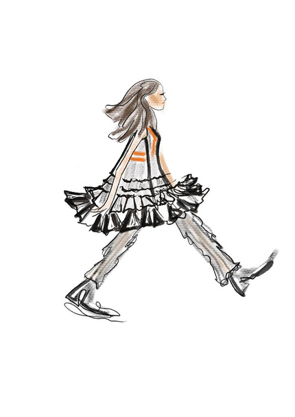Kézzel rajzolt absztrakt divat illusztráció vázlat egy sziluett egy sétáló képzeletbeli lány bolyhos ballonkabát, nadrág, csizma fehér háttér - Fotó, kép