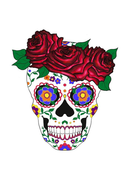 Ilustración dibujada a mano del imaginario Cráneo de Azúcar con patrones multicolores, con rosas y hojas, boceto de Halloween en estilística del "Día de los Muertos" navideño. Podría ser utilizado como un boceto de tatuaje. - Foto, imagen