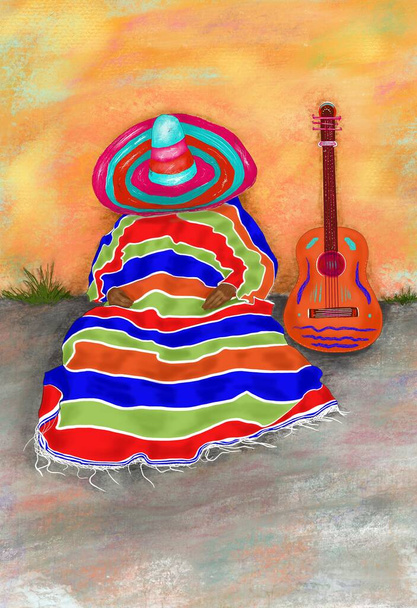 Ilustración multicolor dibujada a mano de figura abstracta imaginaria del músico mexicano del mariachi en poncho y sombrero, que duerme durante la siesta, cerca de la pared, en el suelo, junto a su guitarra - Foto, imagen