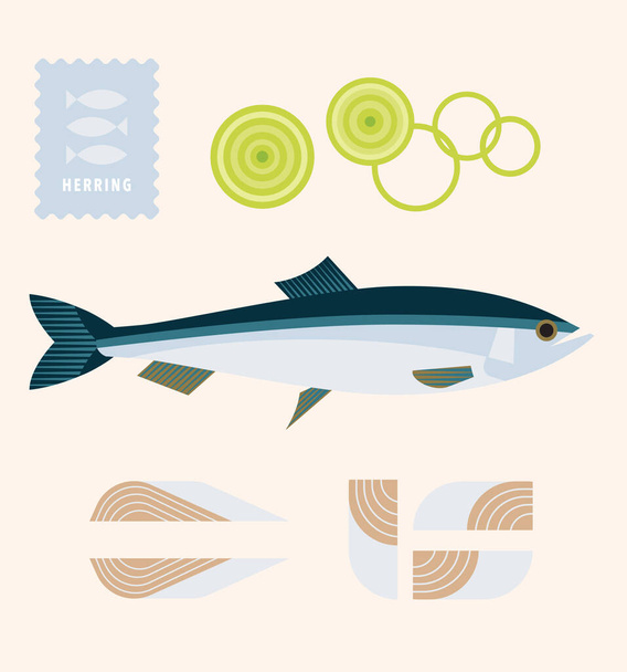 Herring fish with onion rings and fillets, seafood, element of menu design, icon, poster, logo template, packaging design, label, graphic symbol, vector illustration on light - Vector, Image