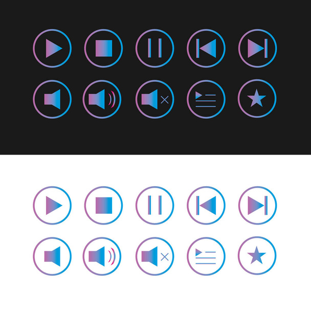 Стильный современный дизайнерский набор с фиолетовым цветом для аудио и видео плееров, веб-приложений, мобильных приложений, веб-сайтов. Белый и черный фон. - Вектор,изображение