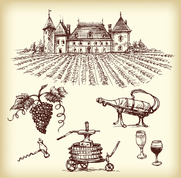 Виноробні вироби з виноградником
 - Вектор, зображення