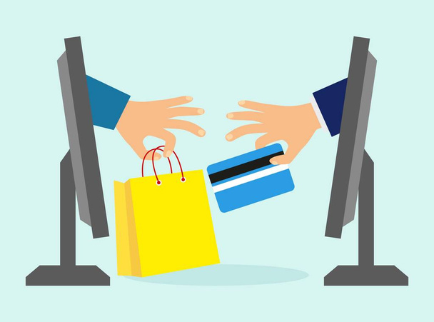Concept of online shopping. concept of e-commerce ideas. hand with a bank card from the computer monitor. Hand with a bag of computer monitor - Vector, Image