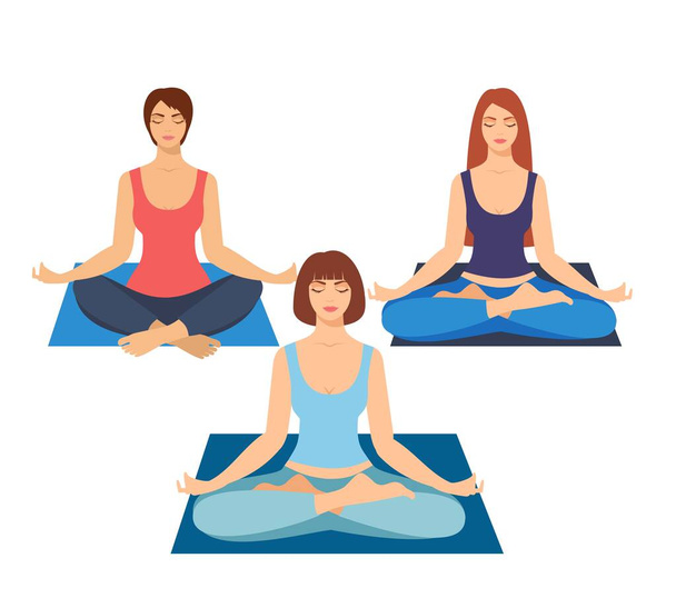Un gruppo di ragazze che fanno yoga in studio. donne in posizione di loto. Illustrazione femminile meditante. Donna yoga, meditazione, persone anti-stress. bitmap - Vettoriali, immagini