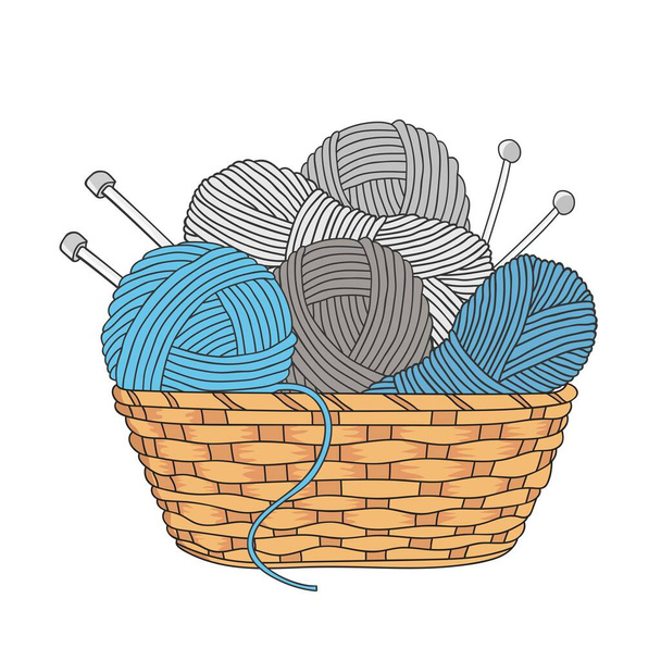 bolas de fios e agulhas de tricô em cesta isoladas sobre fundo branco - Vetor, Imagem