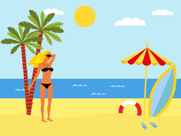 Paesaggio tropicale con spiaggia, mare, palme e ragazza in bikini. Sfondo estivo con mare, palme, ombrellone, tavola da surf. bitmap - Vettoriali, immagini