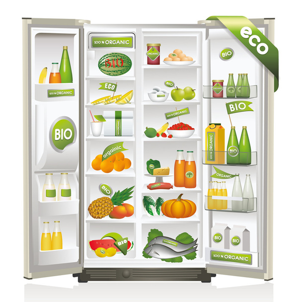 Ψυγείο γεμάτο οργανικές τροφές - Διάνυσμα, εικόνα