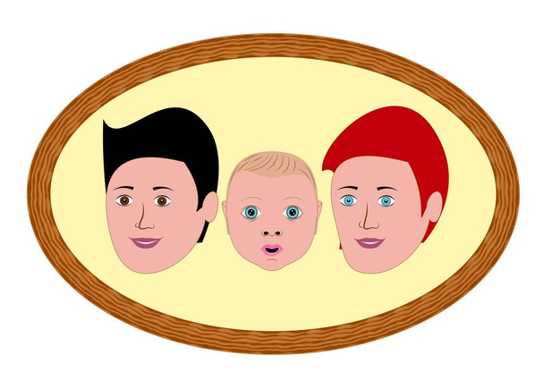 Portrait of family of three, men and baby. Homosexual family - Vector, Image