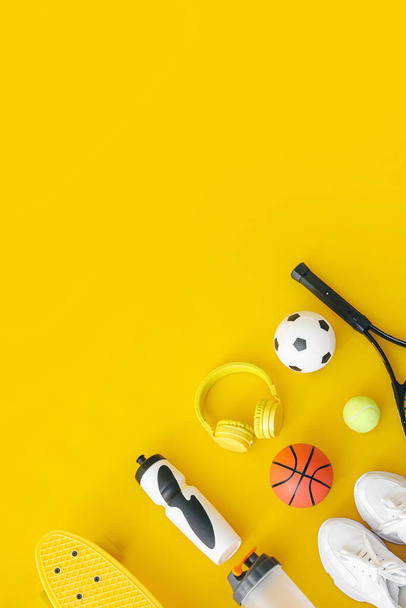 Set of sport equipment on color background - Photo, Image