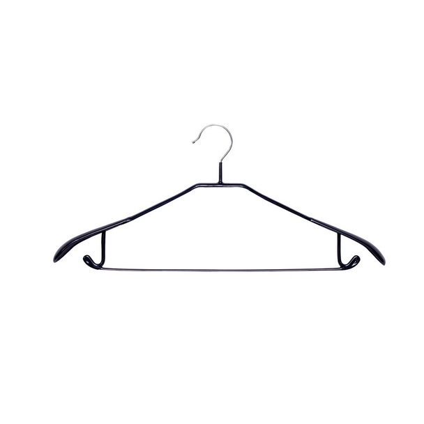 Mooie zwarte plastic kleerhanger en kleerhanger geïsoleerd op witte achtergrond - Foto, afbeelding