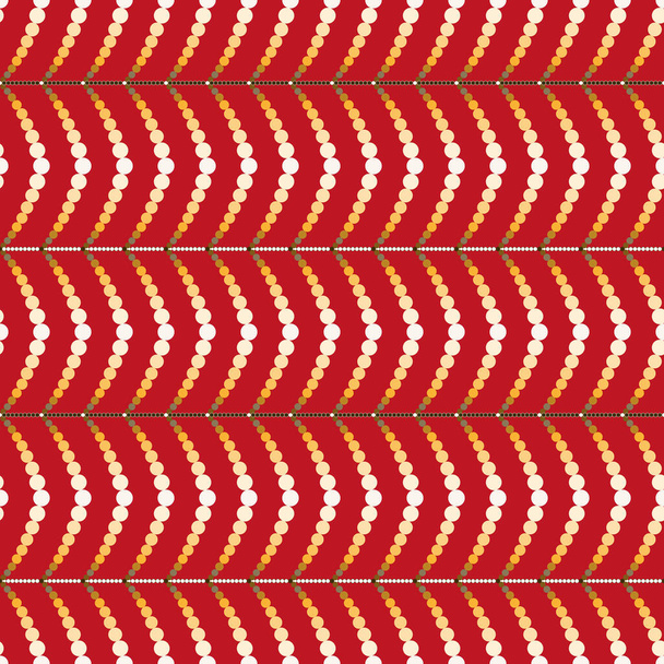 Vektor, bezešvé, Obrázek z jakéhosi stylizovaného obrazu žlutobílých korálků a tmavě bílých tečkovaných pruhů na červeném pozadí  - Vektor, obrázek