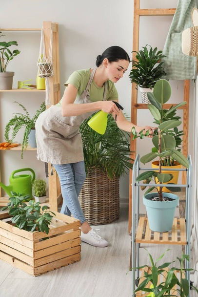 Fiatal nő vigyáz a növényeire otthon. - Fotó, kép
