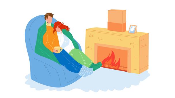 Winter Rest Couple Together Near Fireplace Vector - Vector, Image