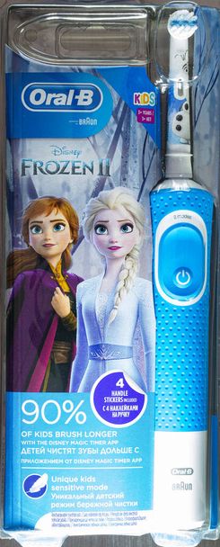 Frankfurt, Germany - April 10, 2021: Braun Oral-B rechargeable toothbrush for kids 3+ years. Disney Frozen II - Photo, Image