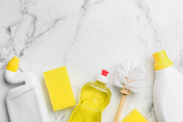 Set of cleaning supplies on light background - Photo, Image