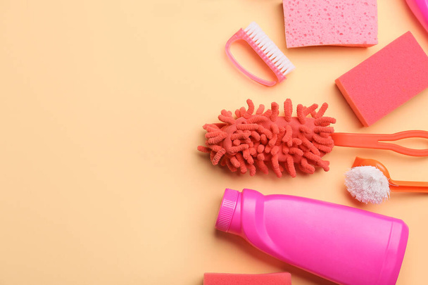 Set of cleaning supplies on color background - Photo, Image
