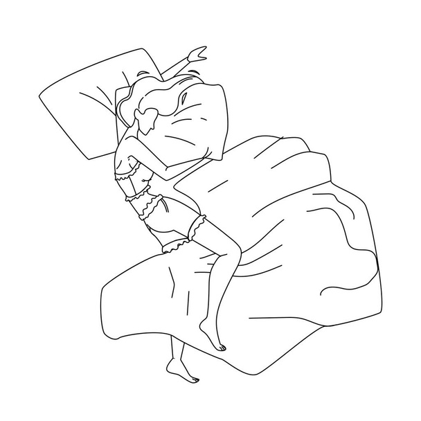 Γυναίκα κοιμάται τη νύχτα σε άνετο κρεβάτι διάνυσμα - Διάνυσμα, εικόνα