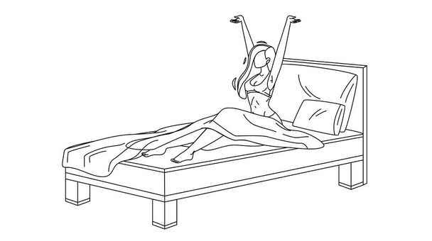 Donna sveglia mattina in comodo letto vettoriale - Vettoriali, immagini