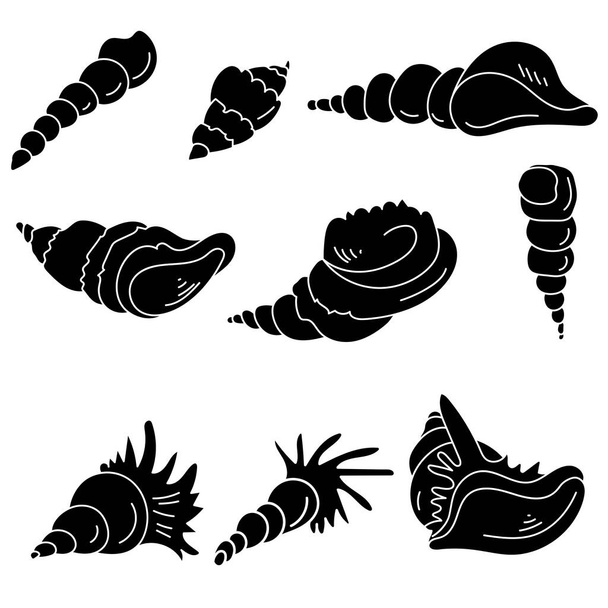 σιλουέτες οστρακοειδών με κατσαρά όστρακα, όστρακα κατοίκων θάλασσας διανυσματική απεικόνιση - Διάνυσμα, εικόνα