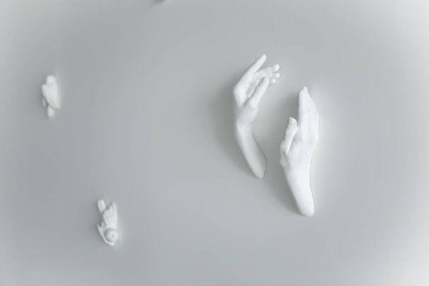 Clay ceramic stone figures sculpture statue of modelling hands and bird on the white wall in the living room. Minimalism decoration design style. Image with copy empty space. - 写真・画像