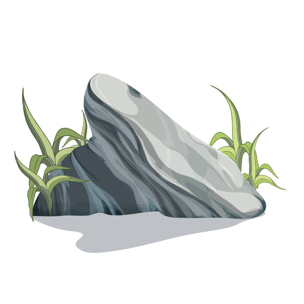 Kameny a kameny na zelené trávě, přírodní krajina. Vektorová ilustrace na bílém pozadí. Kreslená skála s mechem a listím - Vektor, obrázek