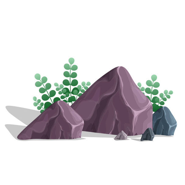 Rocas y piedras sobre hierba verde, paisaje natural. Ilustración vectorial sobre fondo blanco - Vector, Imagen