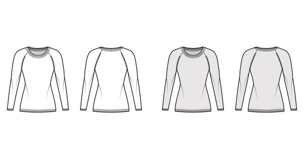 Στρογγυλό λαιμό Sweater τεχνική απεικόνιση μόδας με μακριά μανίκια raglan, εξοπλισμένο σώμα, μήκος ισχίου, πλεκτό rib τελειώματα - Διάνυσμα, εικόνα