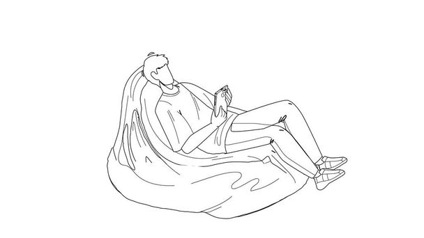 Мужчина расслабляется на Бин Бэг и играет на телефоне вектор - Вектор,изображение