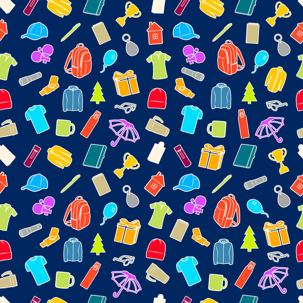 Seamless Pattern of promotional products. Different colored gift shapes with white strokes : mug, shirt, notebook, giftbox, cap, keyring, trophy, pen, jacket for advertising vector illustration - Vector, Image
